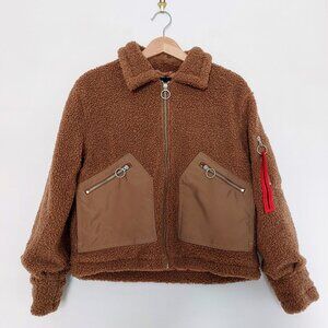 NWT Eleven Paris Women's Teddy Sherpa Zip-Up Jacket Brown Womens XS